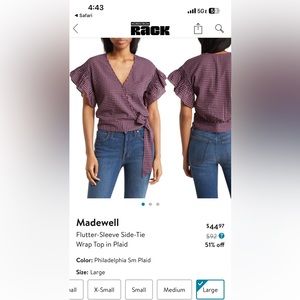 NWOT Madewell Flutter-Sleeve Side-Tie Wrap Top in Plaid size M